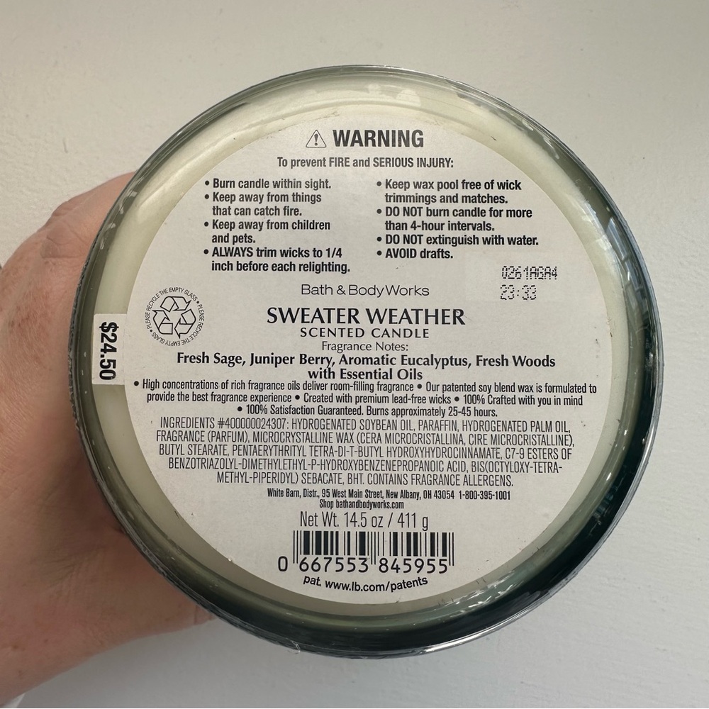 NWT Bath & Body Works 3-Wick Candle- “Sweater Weather” Scent - Picture 3 of 4